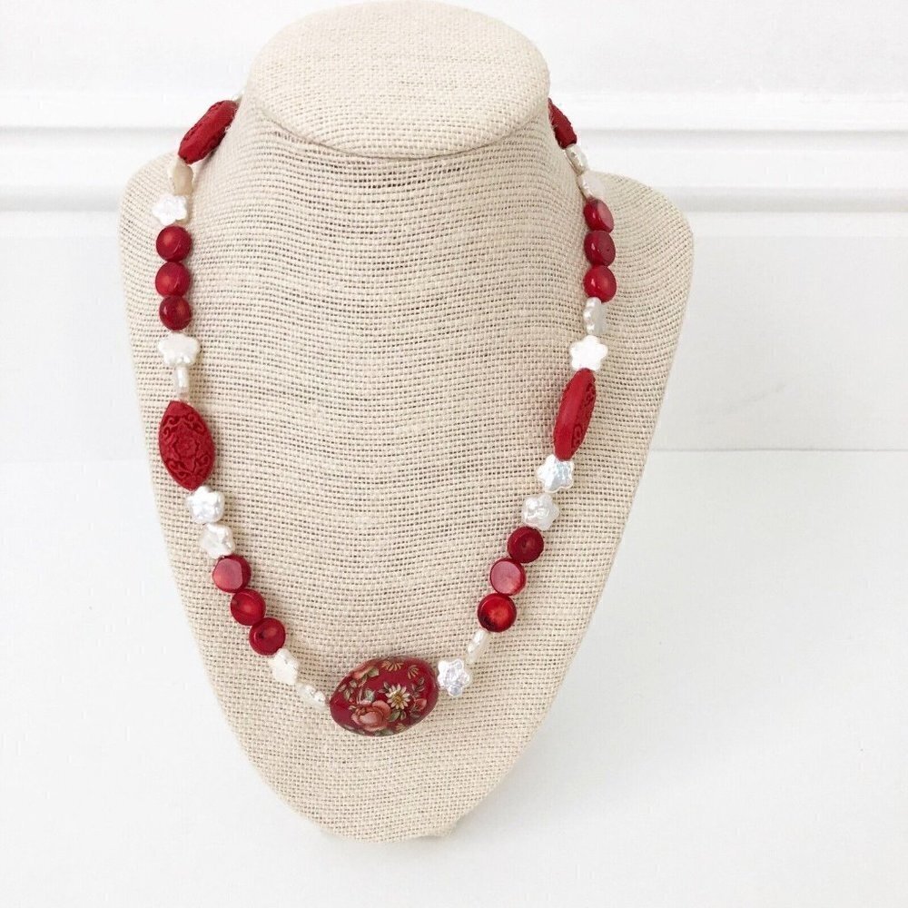 NWT Genuine Red Coral, Carved Cinnabar & Pearl Necklace Beaded